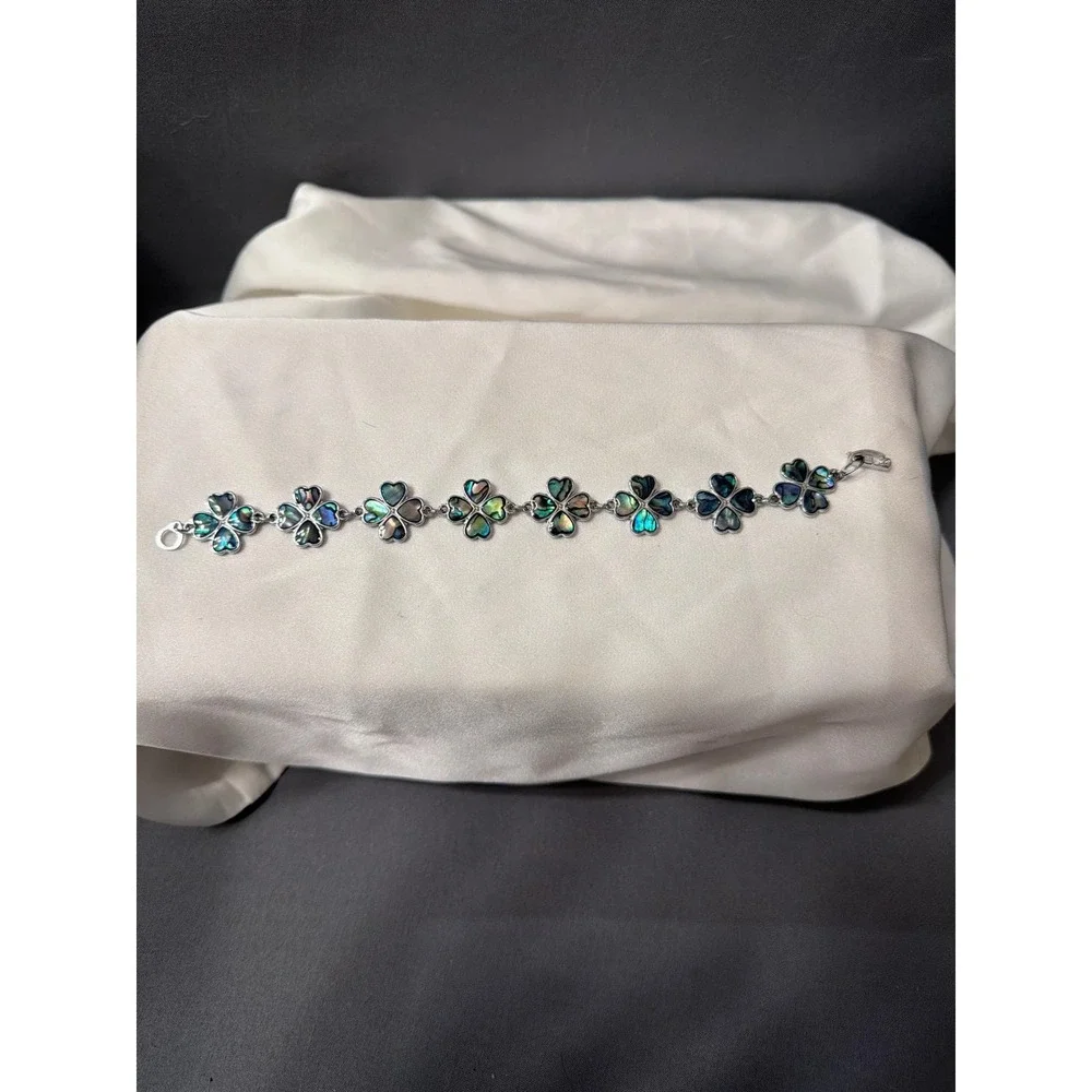 Vintage Mexico Style Silver Tone Abalone Shell Inlay Clover Link Bracelet